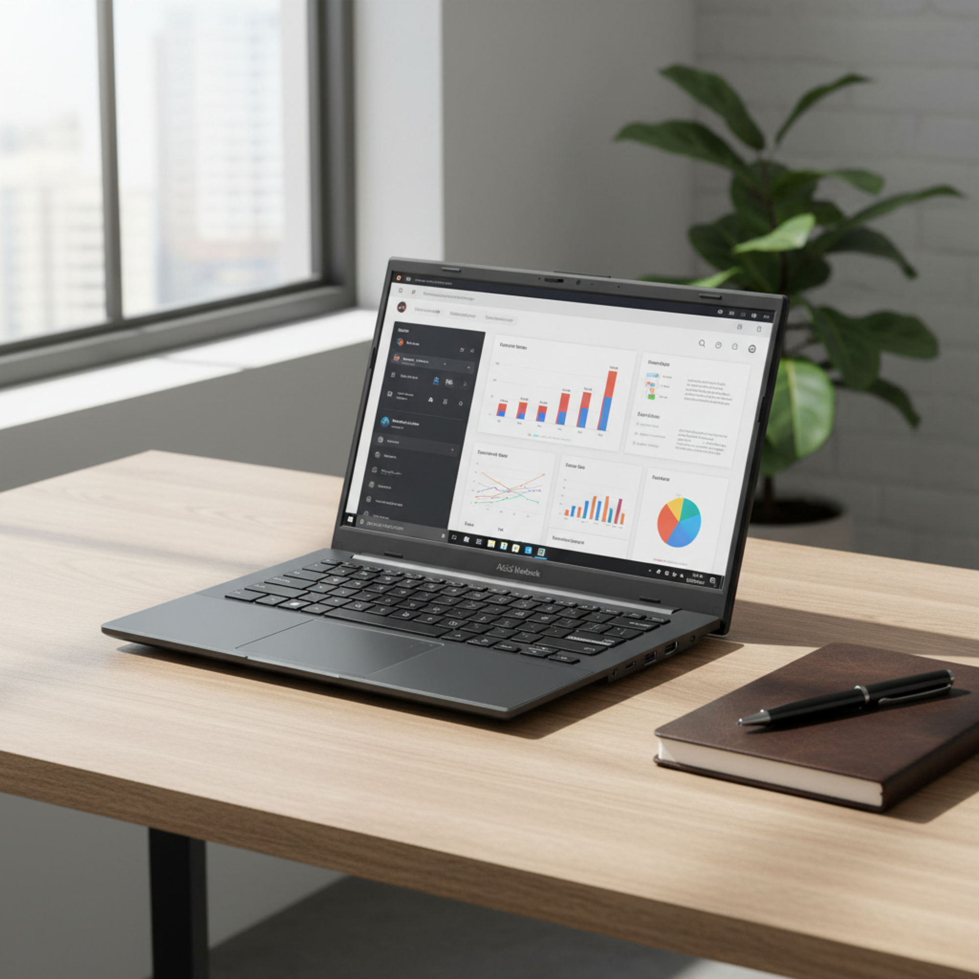 ASUS Vivobook Go 14 E1404FA laptop powered by AMD Ryzen 5 7520U with 16GB RAM and 512GB SSD, shown in a modern lifestyle workspace for study, productivity, and everyday computing.