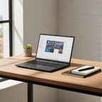 ASUS Vivobook Go 15 E1504GA laptop with Intel i3-N305 processor, 15.6 inch FHD display, 8GB RAM and 512GB SSD used in modern lifestyle workspace setup for productivity and study.