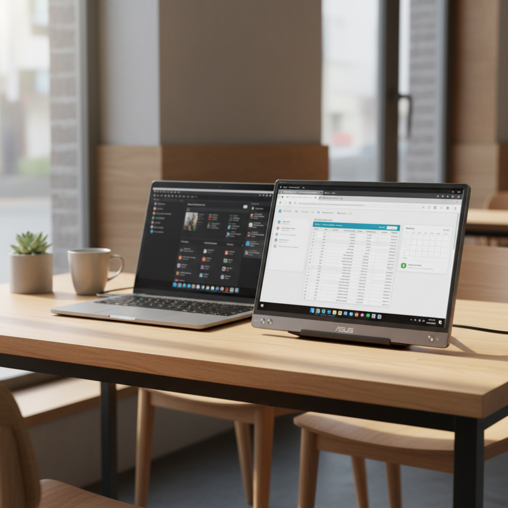 ASUS ZenScreen MB14AC portable monitor shown in a real travel workspace setup beside a laptop for dual-screen productivity.
