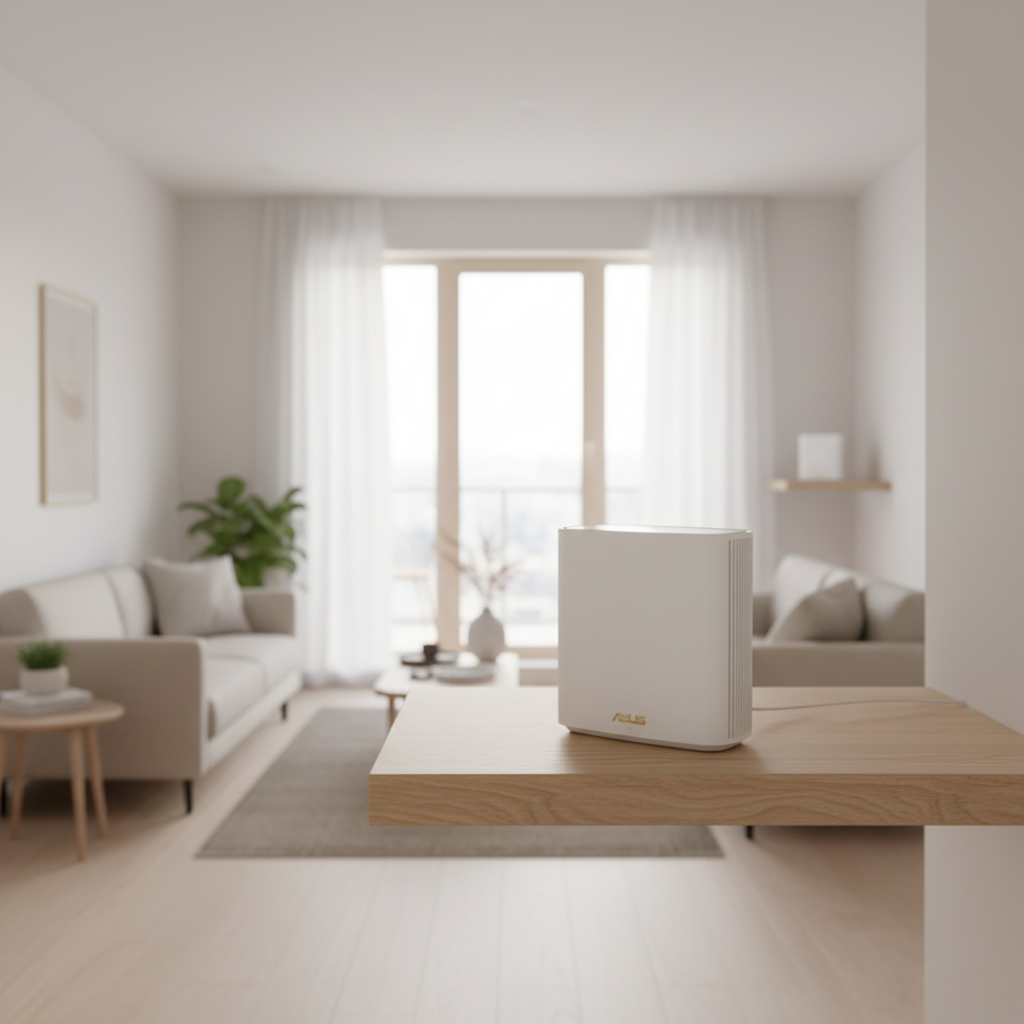 ASUS ZenWiFi XD6 mesh system shown in a minimalist apartment interior for whole-home WiFi coverage.