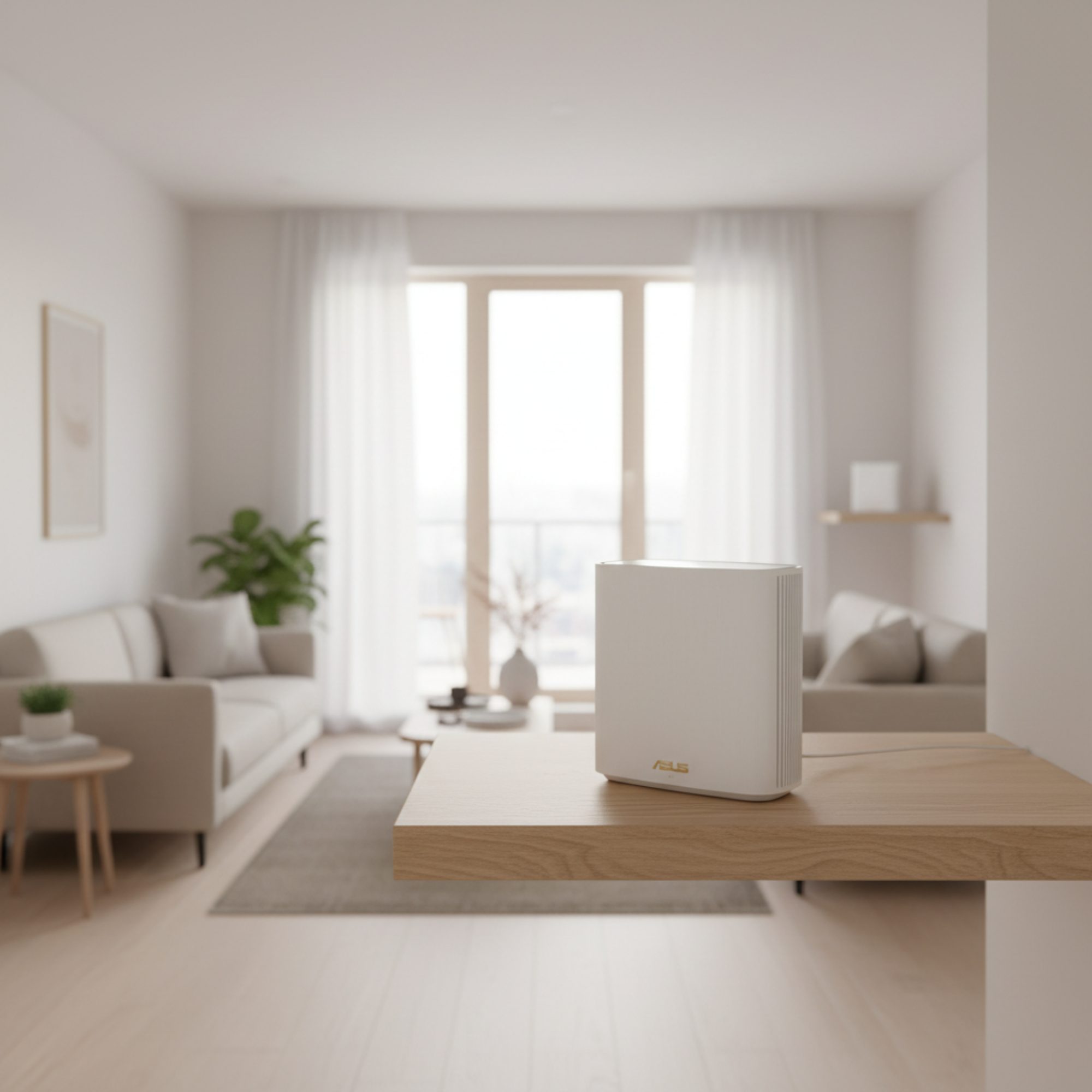 ASUS ZenWiFi XD6 mesh system shown in a minimalist apartment interior for whole-home WiFi coverage.