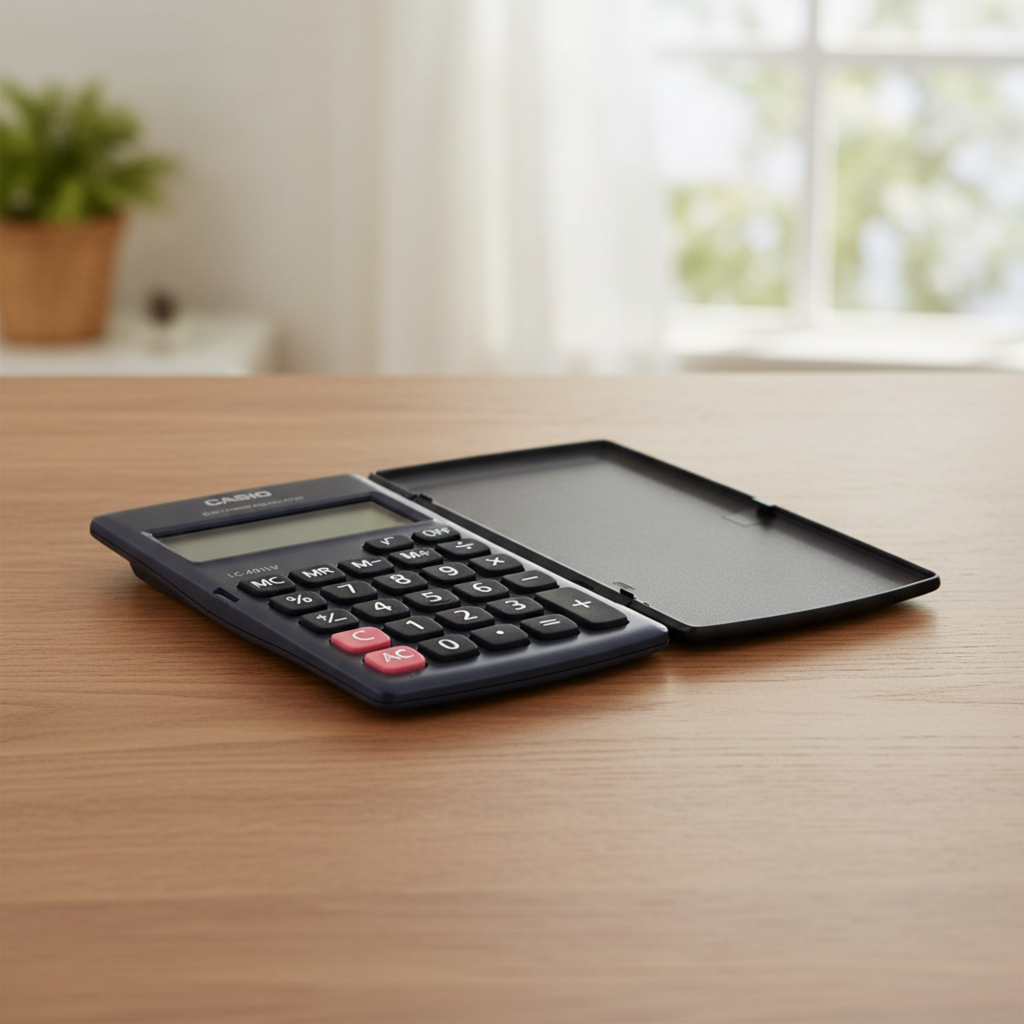Casio LC-401LV-BK on a real wooden table.