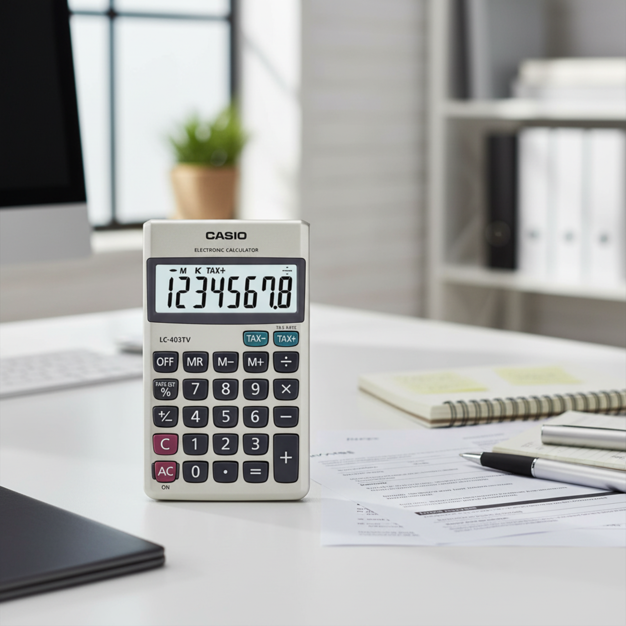 Casio LC-403TV on office desk used for financial work.
