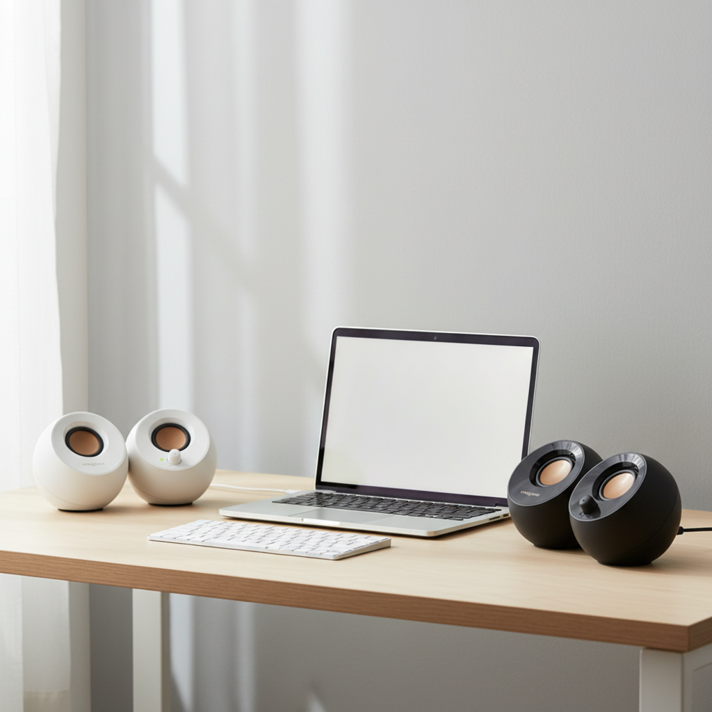 Creative Pebble Modern 2.0 USB desktop speakers with compact design, 2-inch full-range drivers, and clear stereo audio for PC, Mac, and study use.

Black White