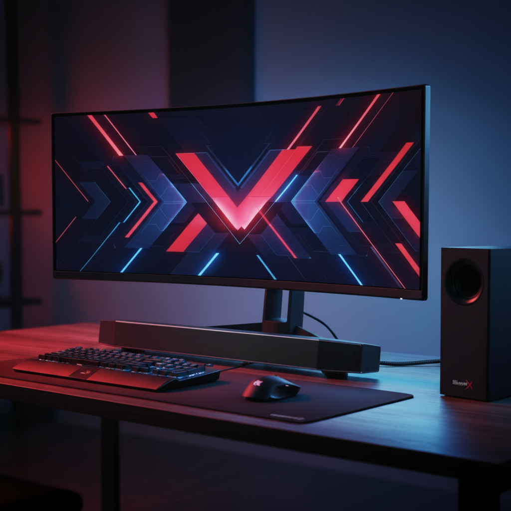 Creative Sound BlasterX Katana 2.1 gaming soundbar with subwoofer, Dolby Digital decoding, RGB lighting, and 150W peak output for immersive gaming and entertainment audio