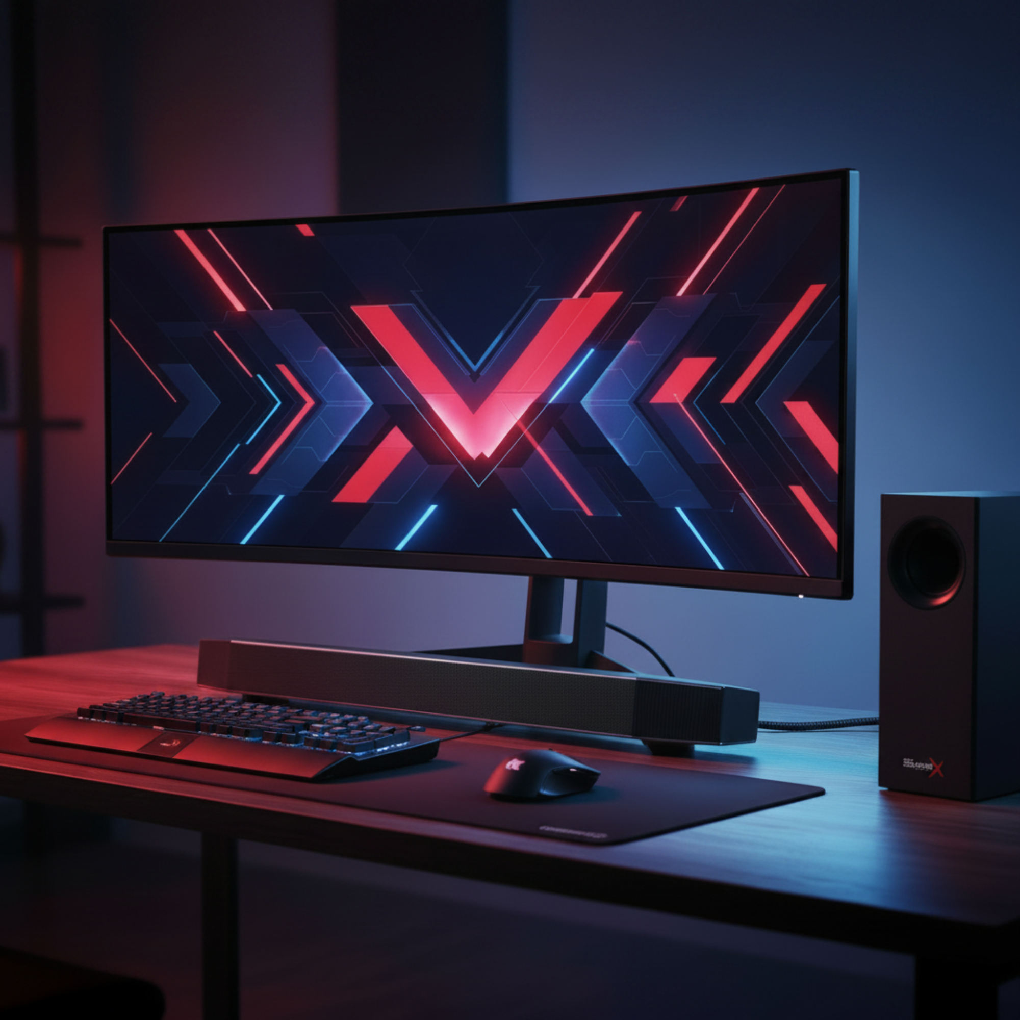 Creative Sound BlasterX Katana 2.1 gaming soundbar with subwoofer, Dolby Digital decoding, RGB lighting, and 150W peak output for immersive gaming and entertainment audio