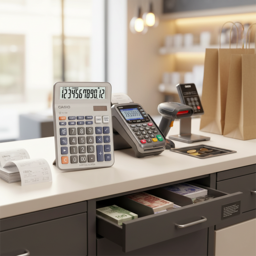 Casio DC-12M shop calculator on a retail checkout counter.