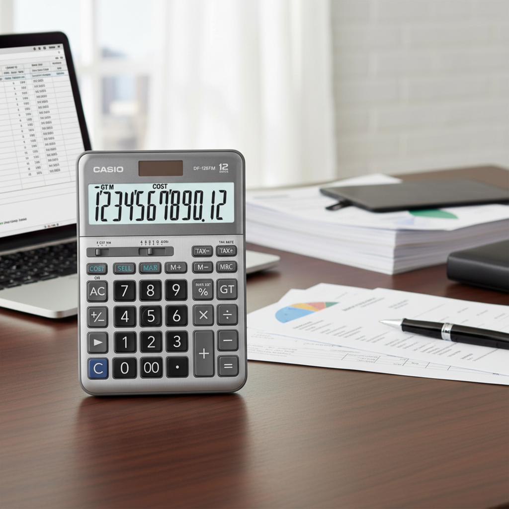 Casio DF-120FM desk calculator on a professional accounting desk.

Gray Pink