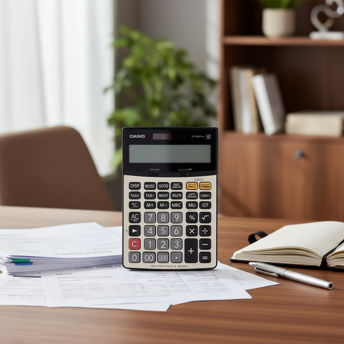 Casio DJ-220D PLUS check desk calculator on a professional accounting desk.