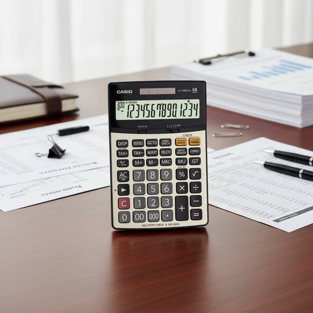 Casio DJ-240D PLUS check calculator on a professional accounting desk.
