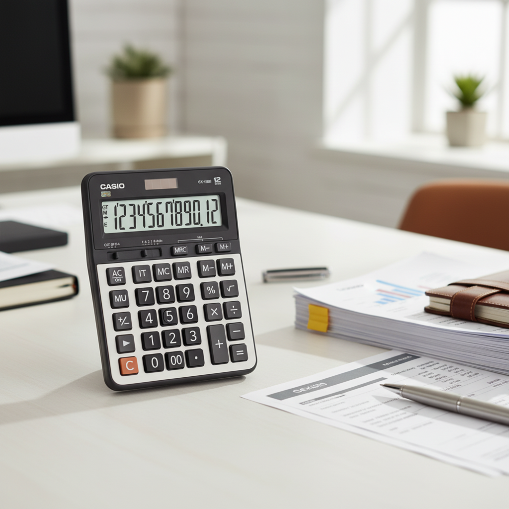 Casio GX-120B desktop calculator on a professional office desk.