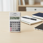 Casio HL-100LB pocket calculator on a modern workspace.