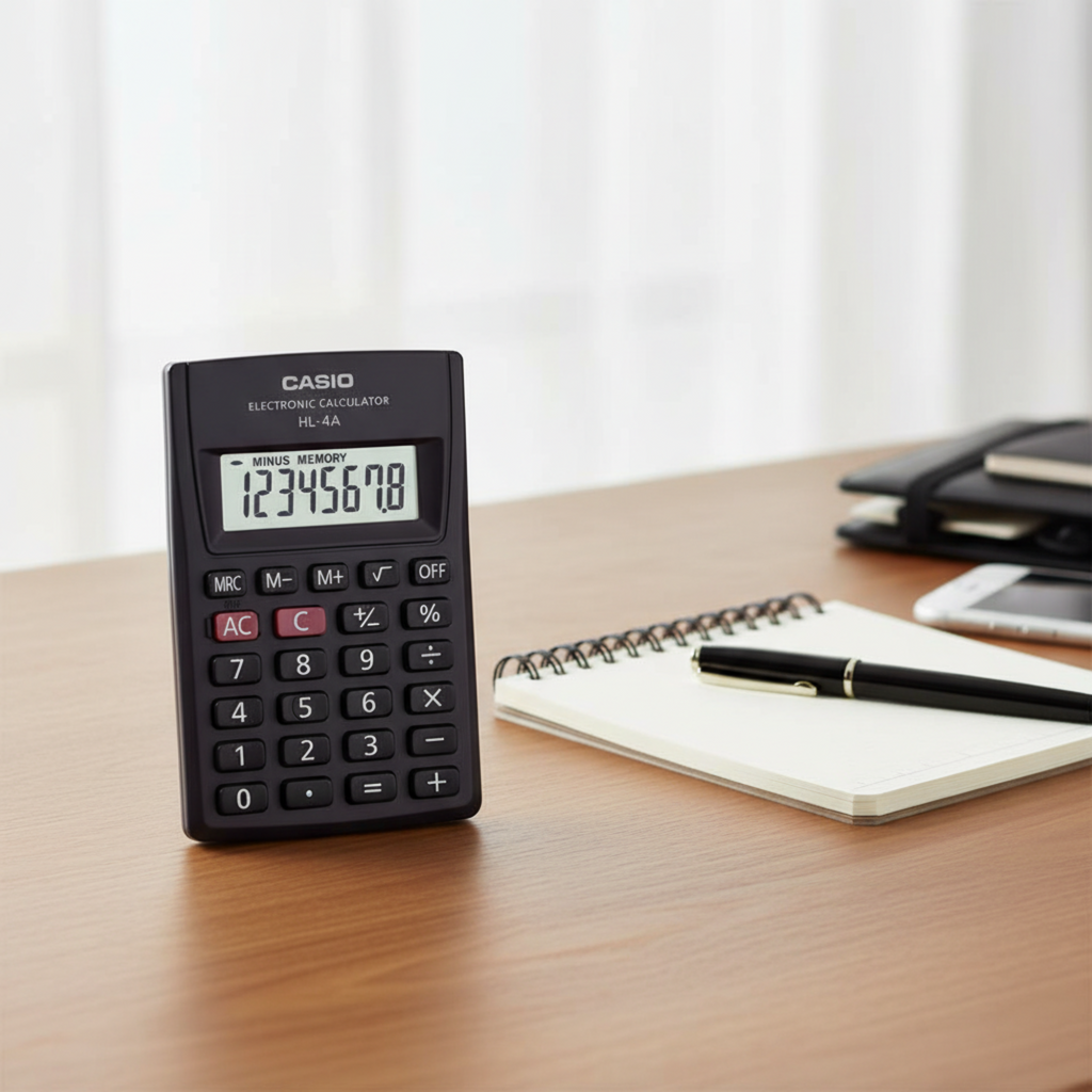 Casio HL-4A pocket calculator on a modern workspace.