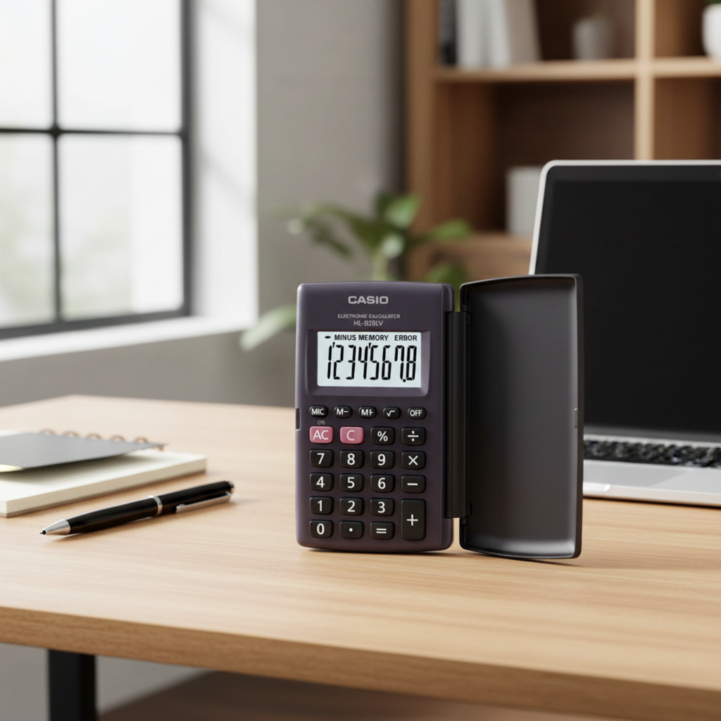 Casio HL-820LV-BK portable calculator on a modern study desk.
