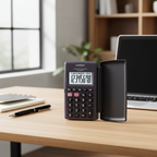Casio HL-820LV-BK portable calculator on a modern study desk.