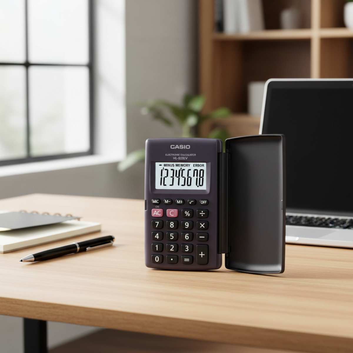 Casio HL-820LV-BK portable calculator on a modern study desk.