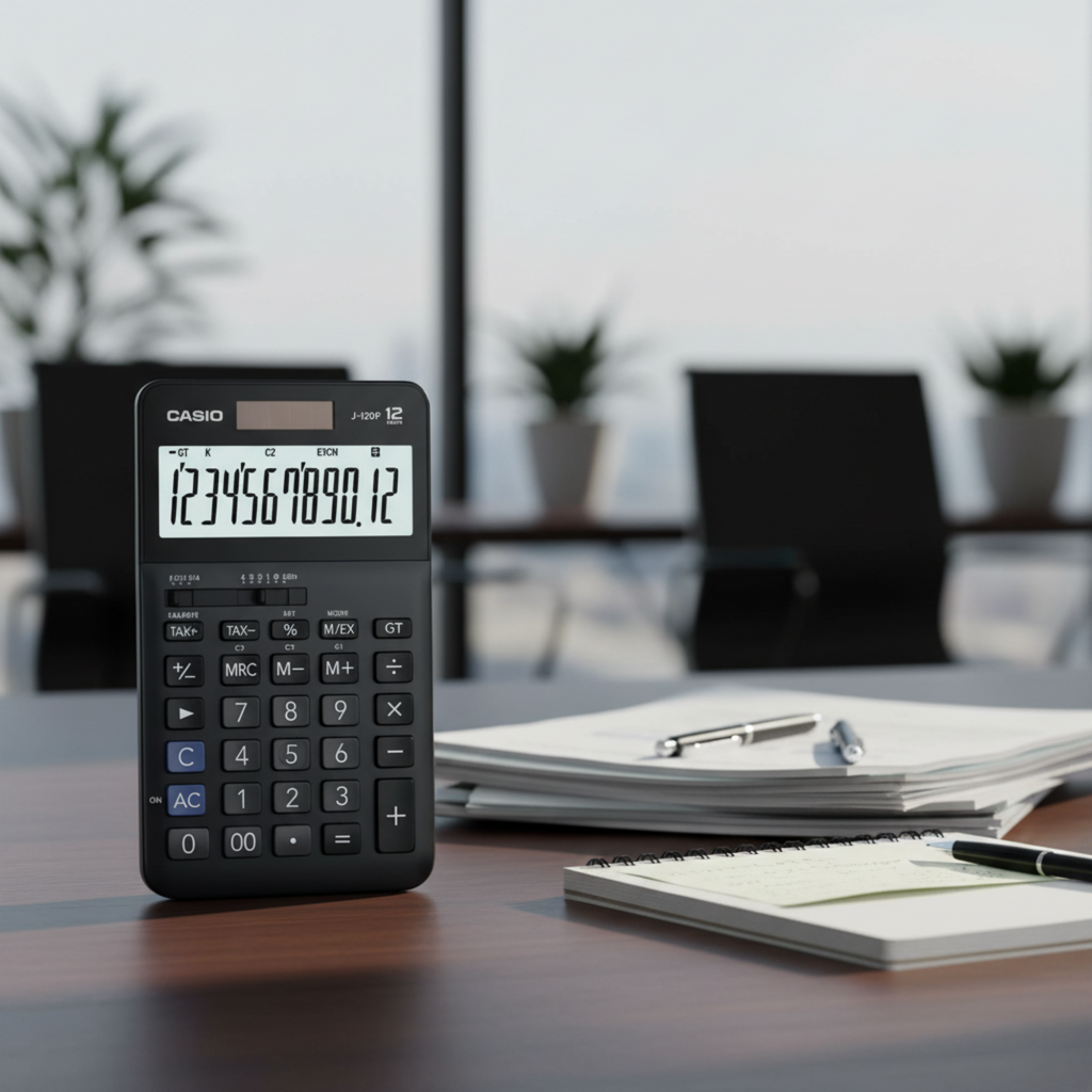 Casio J-120F desk calculator on a professional office desk.