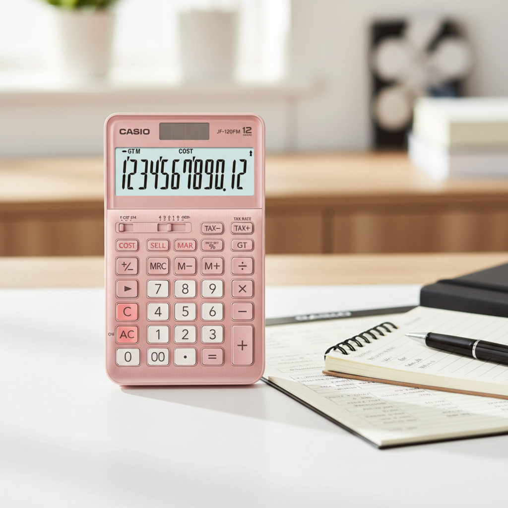 Casio JF-120FM desk calculator on a professional accounting desk.

Pink Gray