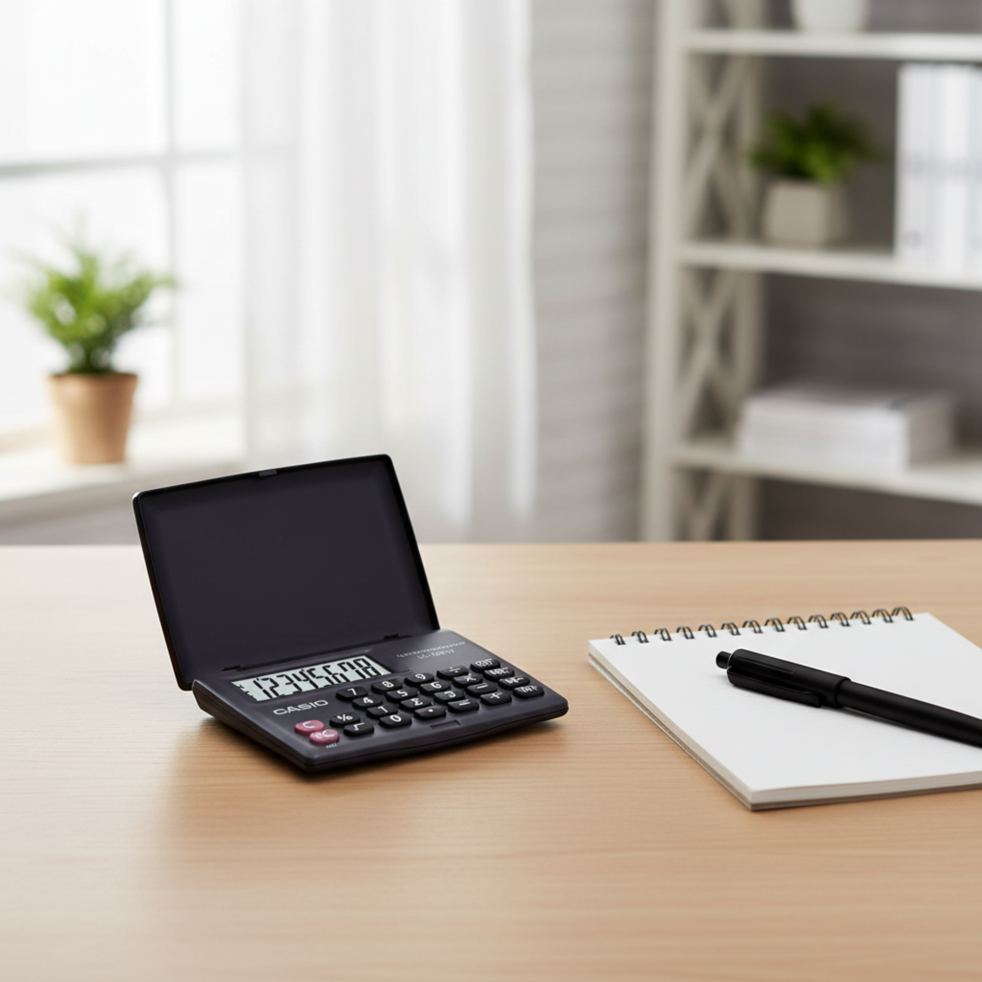 Casio LC-160LV-BK practical calculator on a modern office desk.