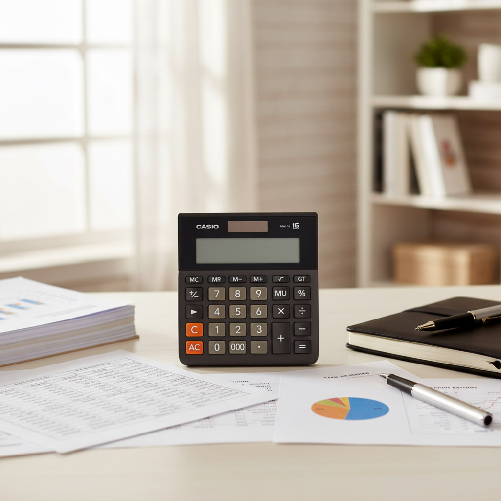 Casio MH-16-BK desktop calculator on a professional accounting desk.