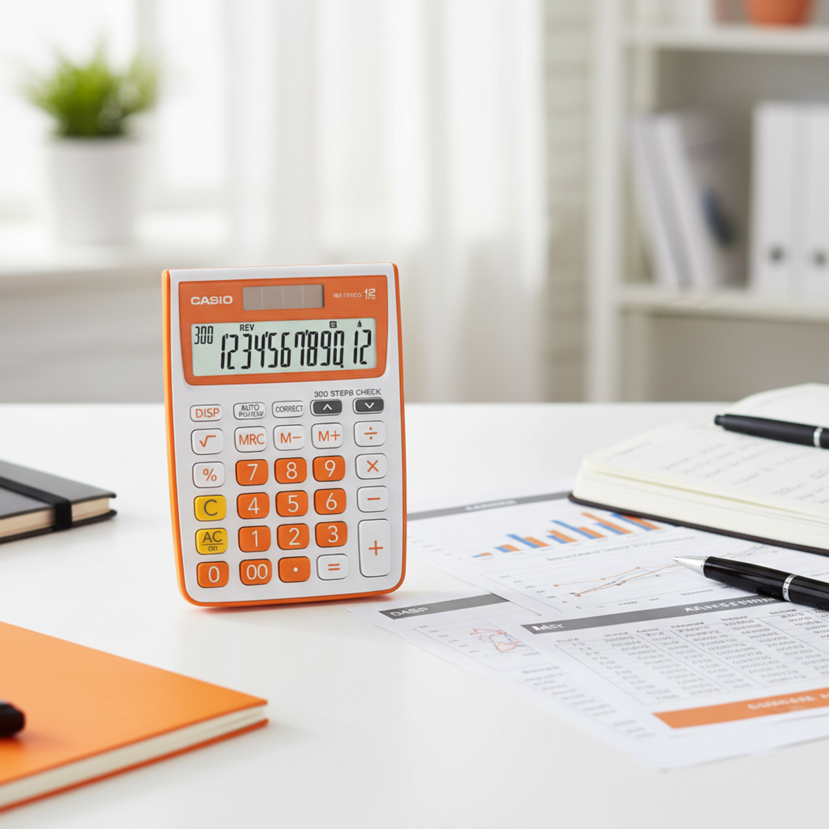 Casio MJ-12VCb check calculator on a professional office desk.

Orange Blue
