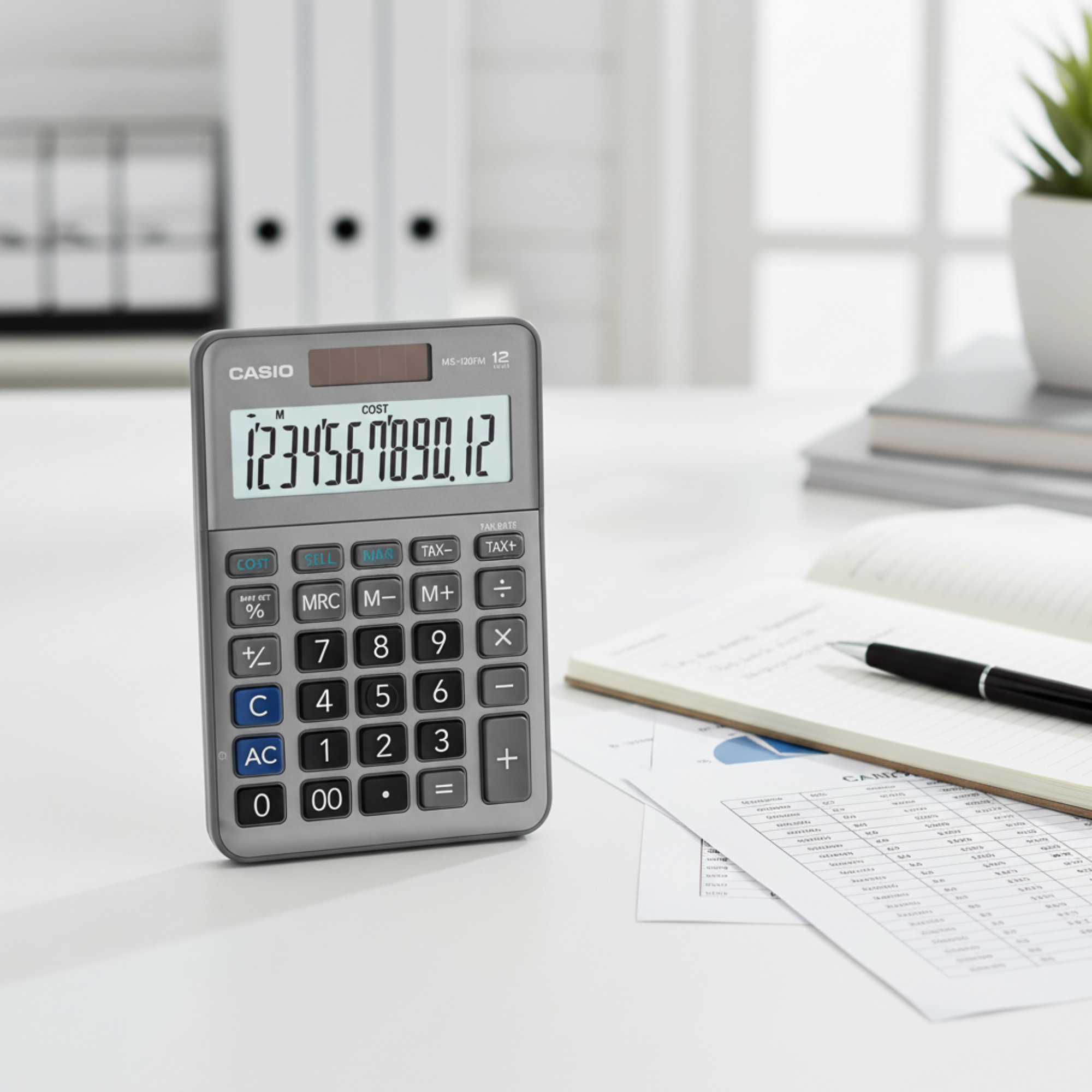 Casio MS-120FM mini desk calculator on a modern office desk.
Gray Pink