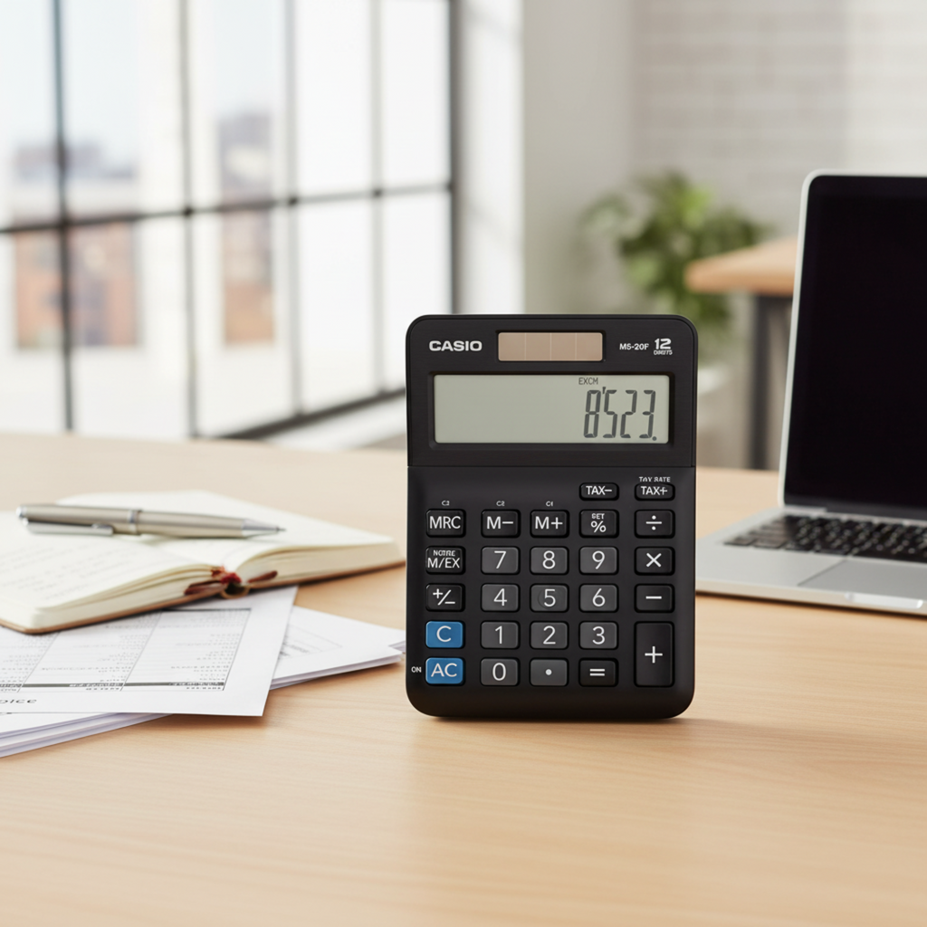 Casio MS-20F mini desk calculator on a professional office desk.