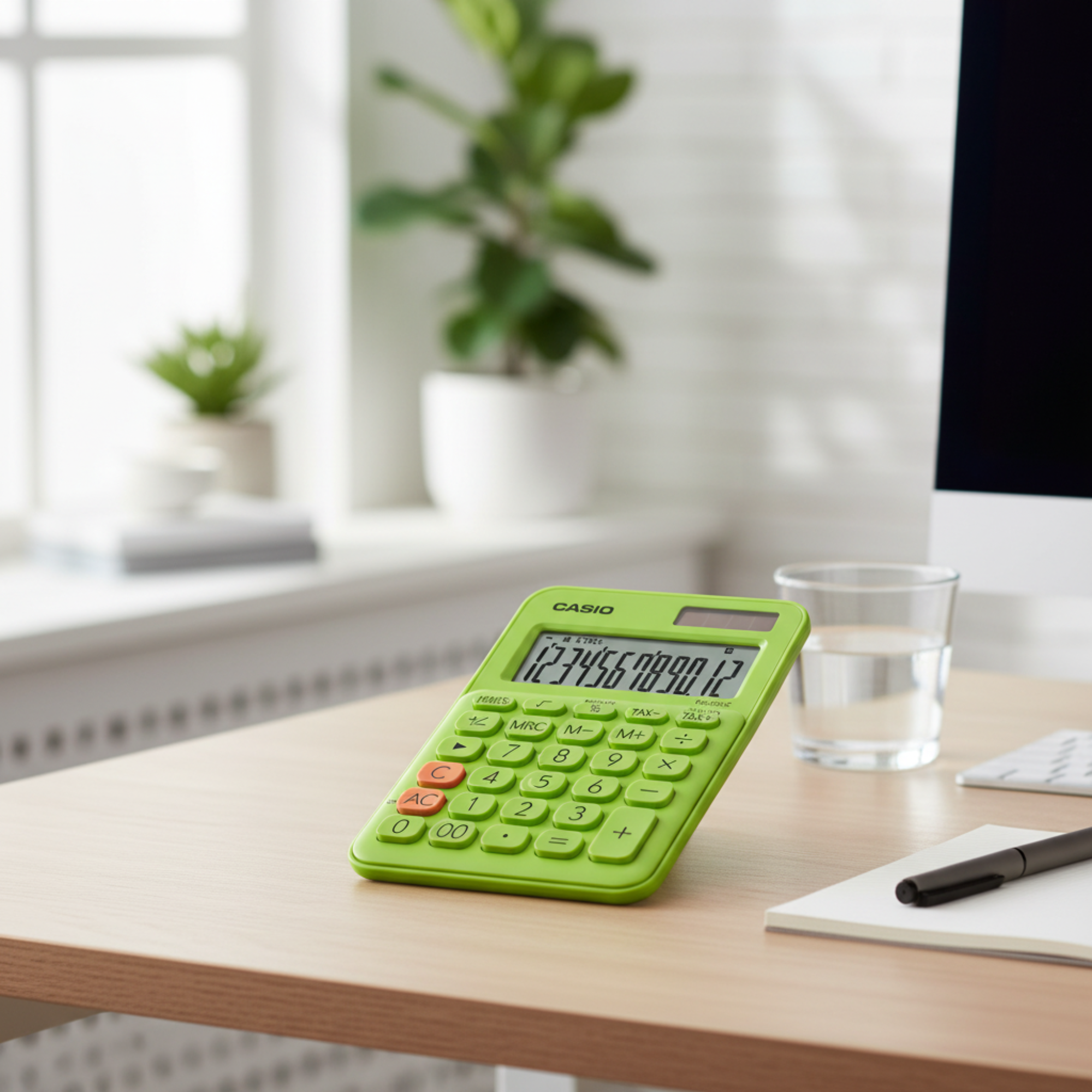 Casio MS-20UC colorful calculator on a modern office desk.

Lime Green Blue Orange Pink White