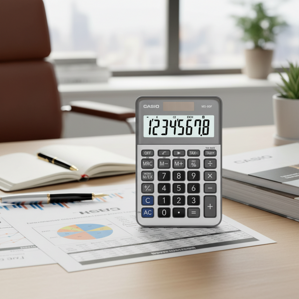 Casio MS-80F metal faceplate calculator on a professional office desk.