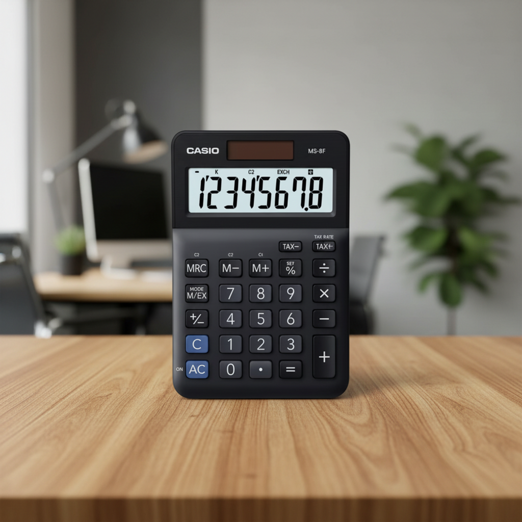 Casio MS-8F calculator displayed on a premium office tabletop.