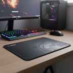 MSI GD21 gaming mousepad centered on desk with blurred RGB gaming setup.