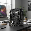 MSI B560M PRO-E motherboard placed on an office desk with a blurred real workstation background.