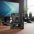 MSI B560M PRO motherboard centered in sharp focus with blurred office background.