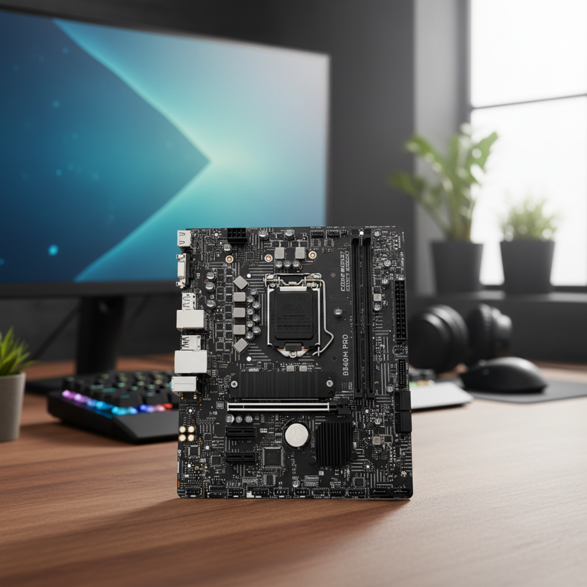 MSI B560M PRO motherboard centered in sharp focus with blurred office background.