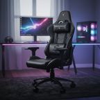MSI gaming chair centered in a gaming room with blurred RGB setup in background.