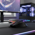 MSI GM50 gaming mouse centered on desk with blurred RGB gaming setup.