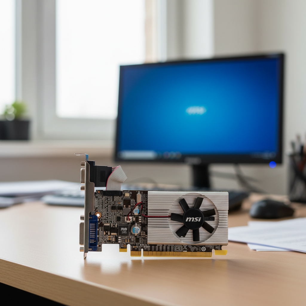 MSI N210 GPU centered on desk in sharp focus with blurred office background.