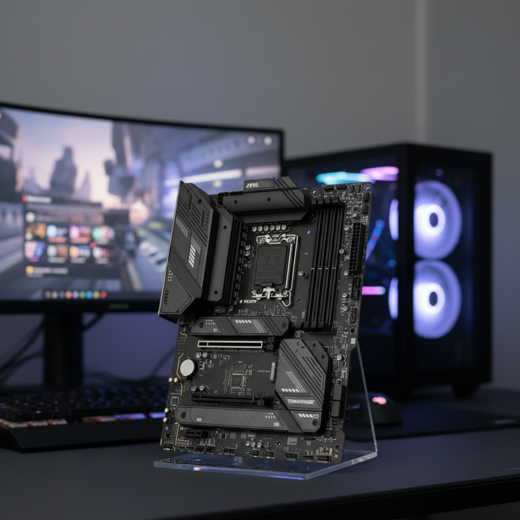 MSI B760 motherboard standing upright on a gaming desk with blurred RGB setup in background.