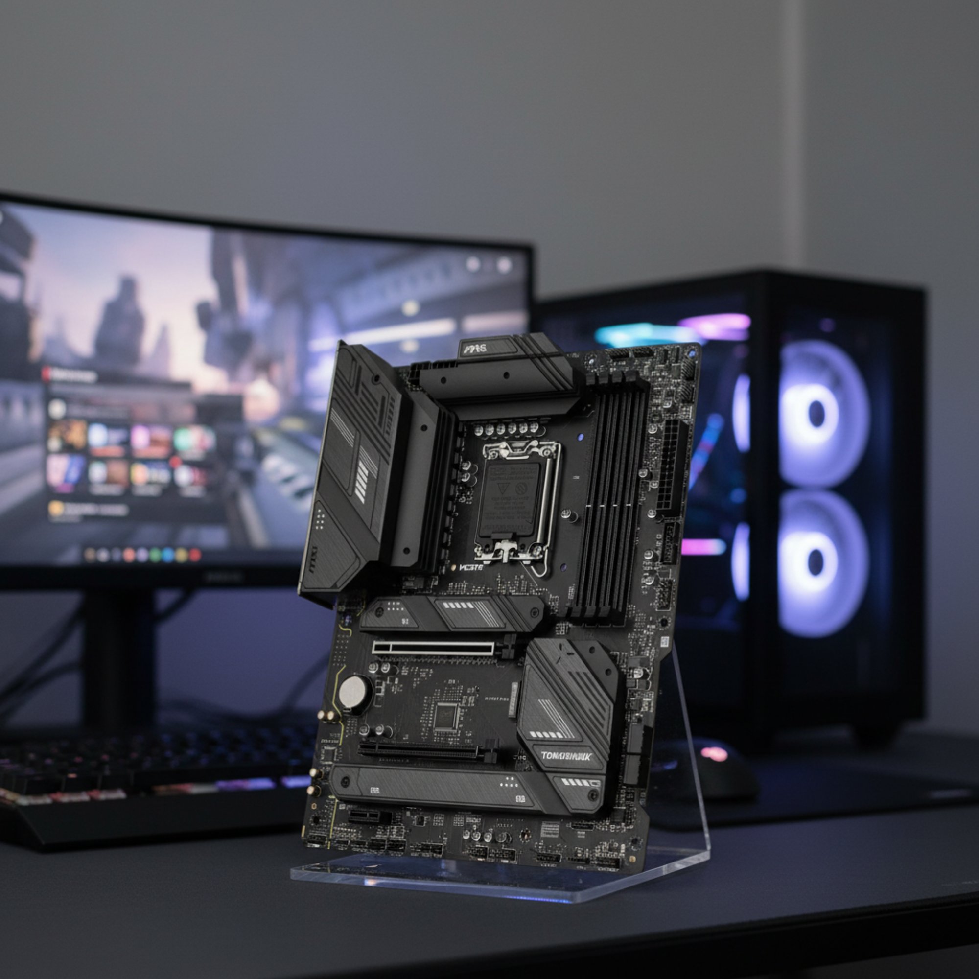 MSI B760 motherboard standing upright on a gaming desk with blurred RGB setup in background.