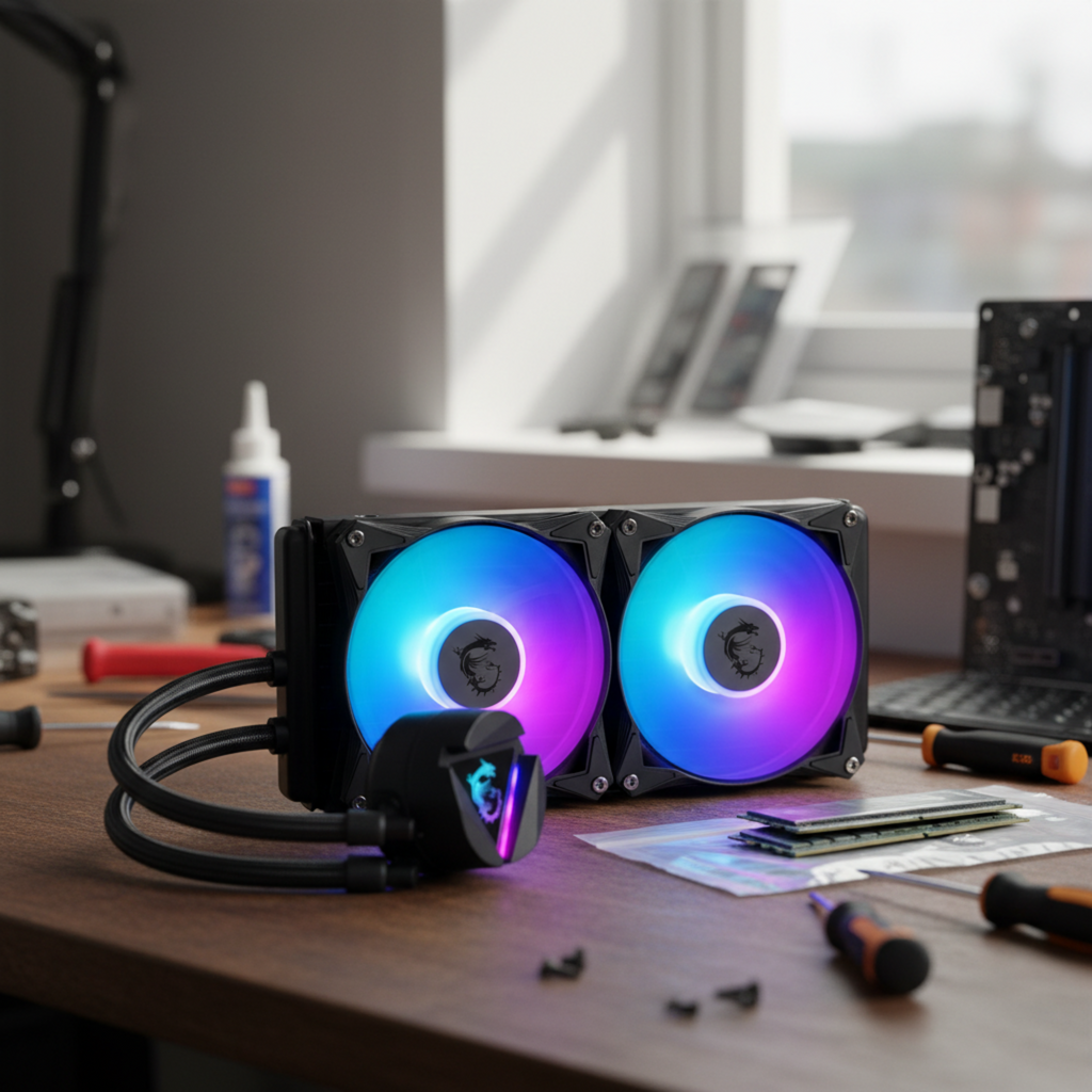 MSI 280R liquid cooler displayed on a PC building workstation with blurred background tools.