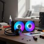 MSI 280R liquid cooler displayed on a PC building workstation with blurred background tools.