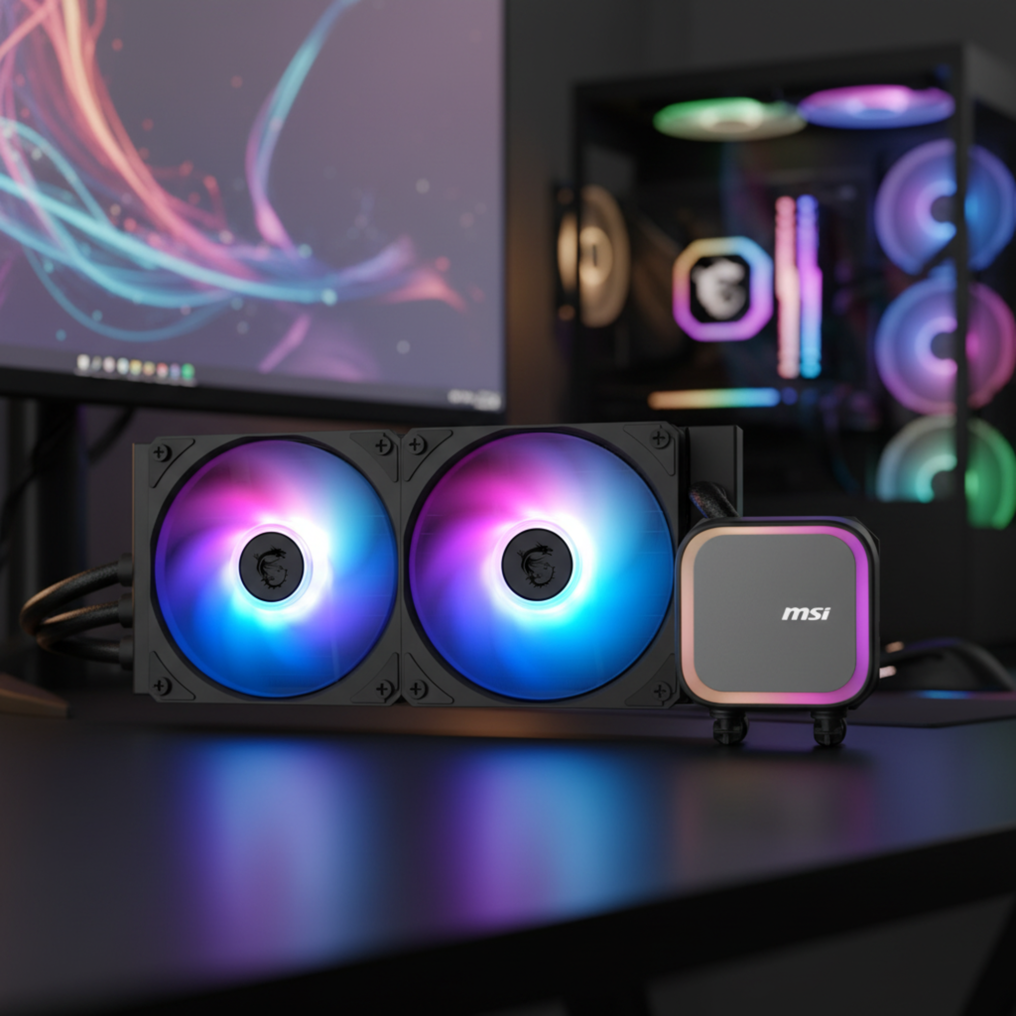 MSI 240mm AIO cooler placed on desk in sharp focus with blurred RGB gaming PC background.