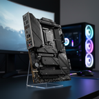 MSI Z790 motherboard placed on a gaming desk with a blurred RGB gaming setup behind it.