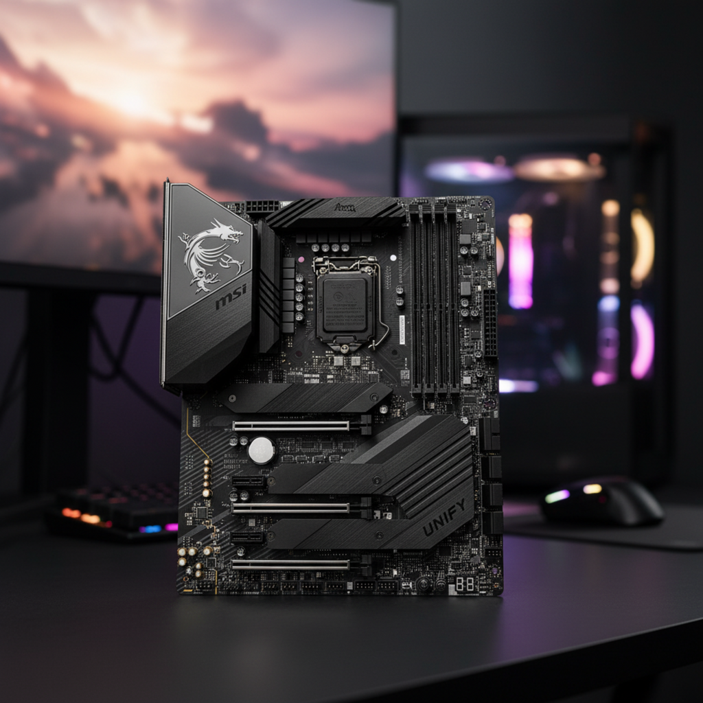 MSI Z490 Unify centered in sharp focus with blurred high-end gaming background.