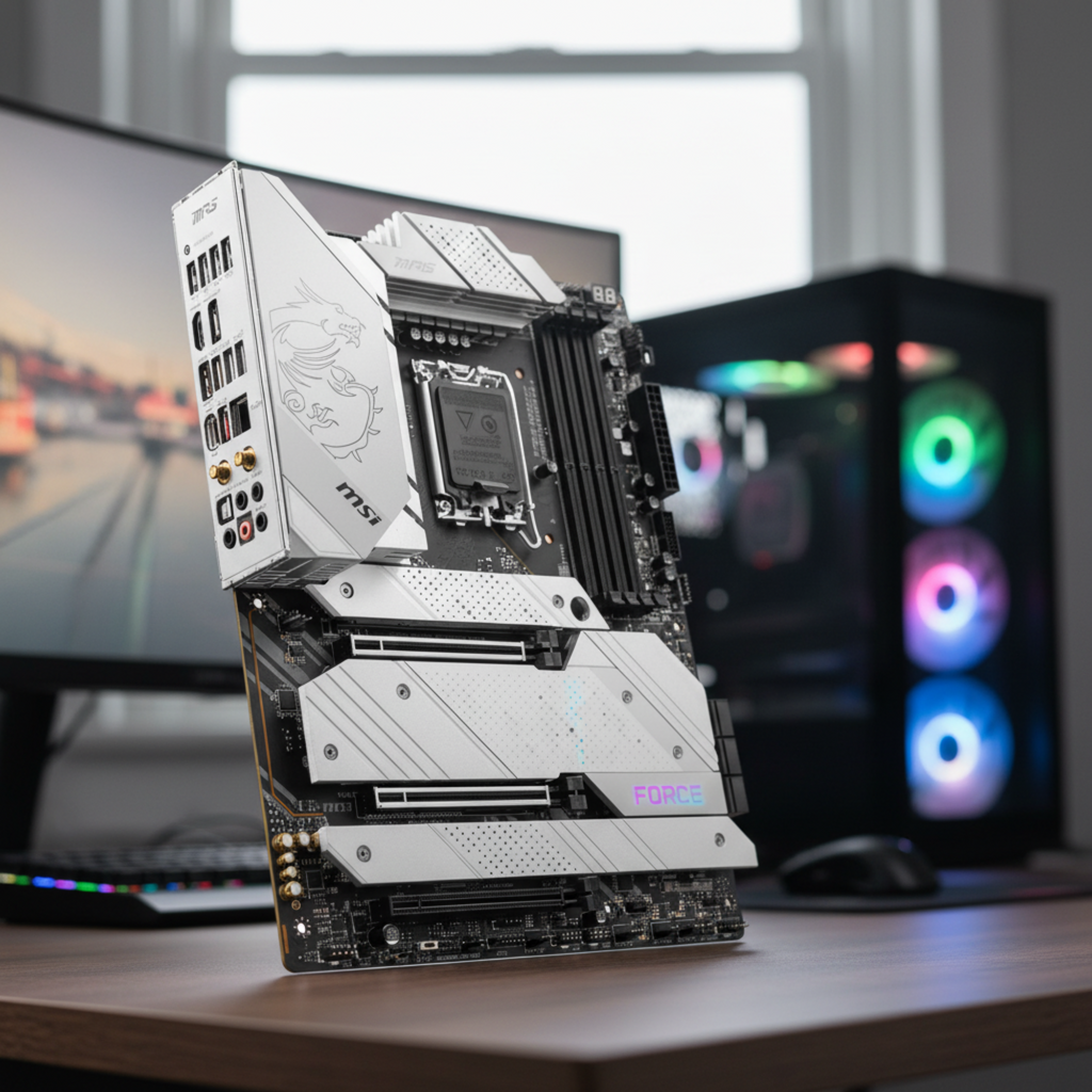 MSI Z690 motherboard on gaming desk in sharp focus with blurred gaming setup.