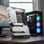 MSI Z690 motherboard on gaming desk in sharp focus with blurred gaming setup.