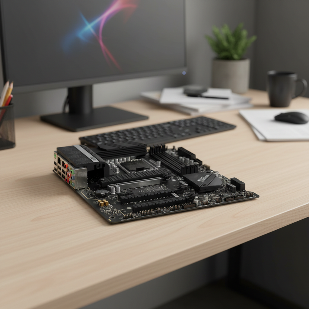 MSI Z690-A DDR4 motherboard on office desk in sharp focus with blurred workspace.