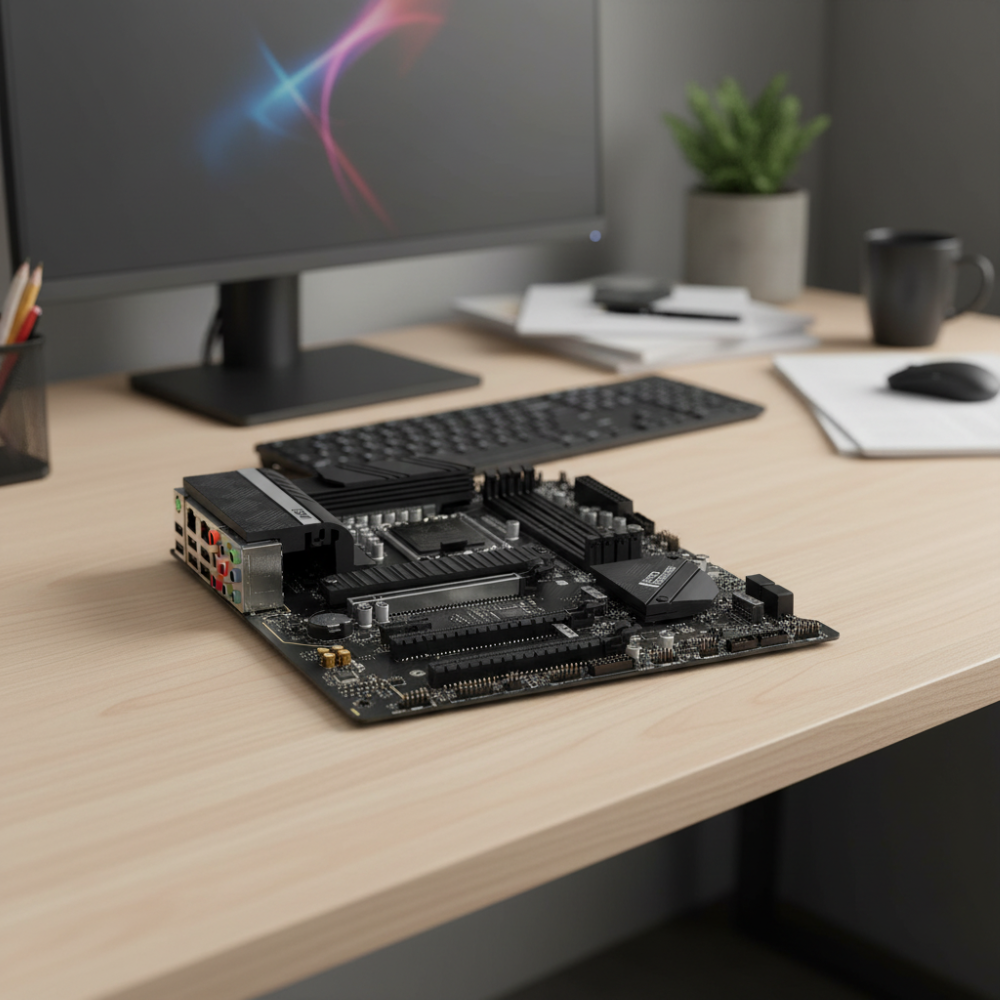 MSI Z690-A DDR4 motherboard on office desk in sharp focus with blurred workspace.