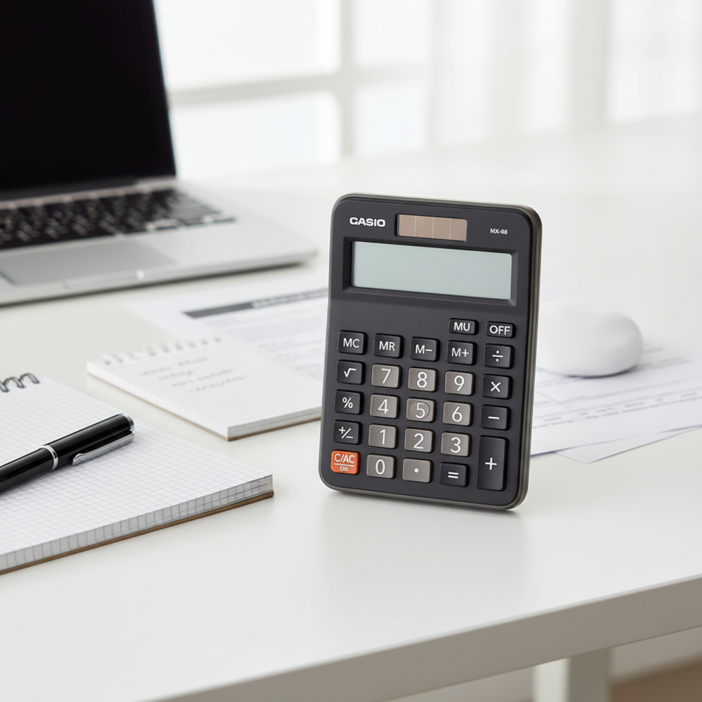 Casio MX-8B mini desk calculator on a modern office desk.
