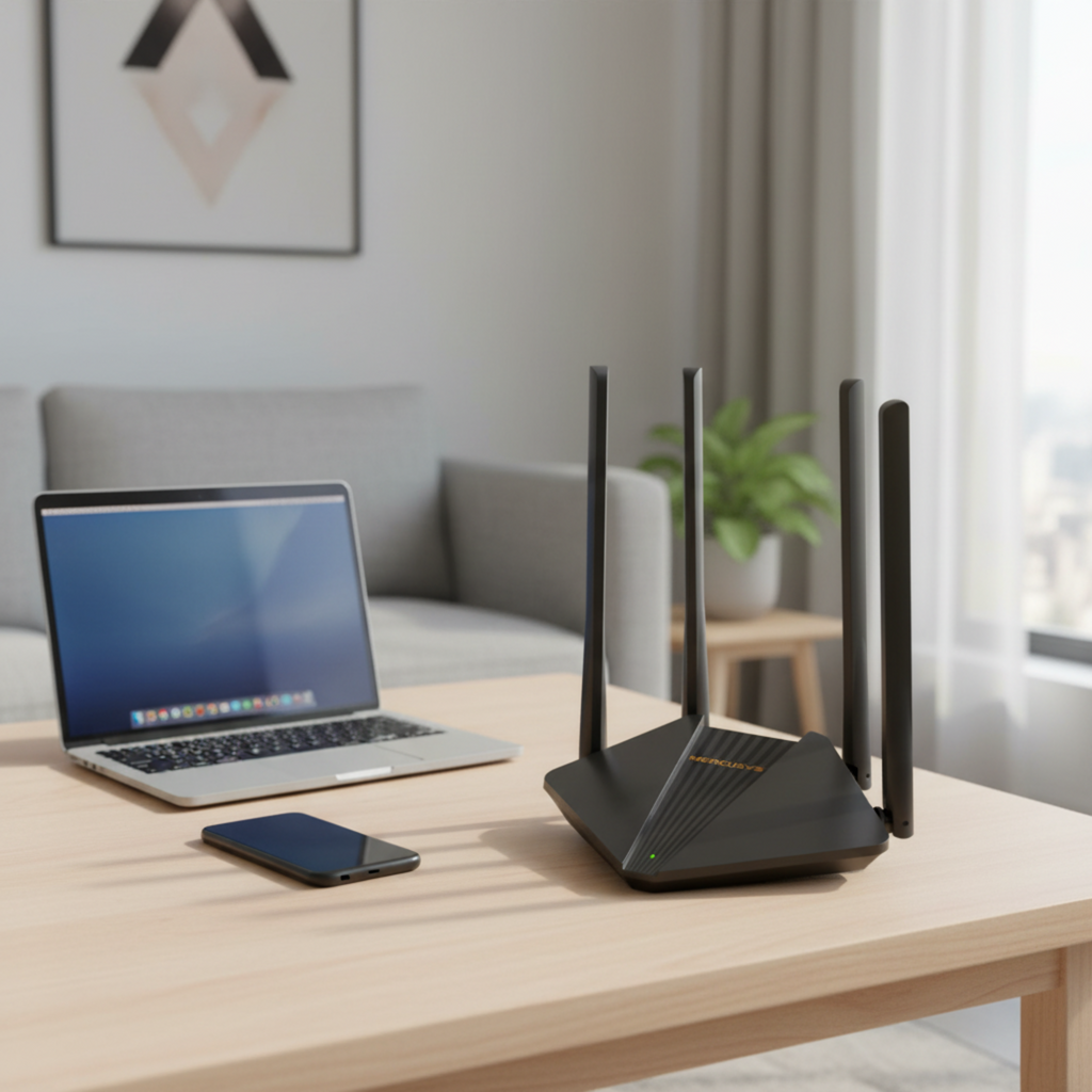 Mercusys MR30G AC1200 dual band gigabit WiFi router with 4 antennas, stable 1200Mbps wireless performance, and Gigabit ports for home internet connectivity